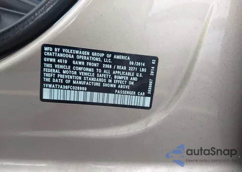 2015 Volkswagen Passat 1.8T Wolfsburg Edition from USA, damaged, VIN 1VWAT7A36FC026989